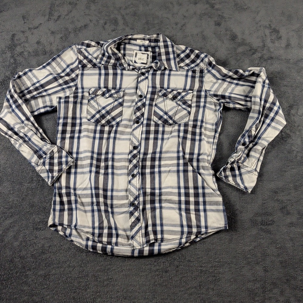 BKE Slim Fit 100% Cotton Button Down Long Sleeve, size Medium Blue White Plaid